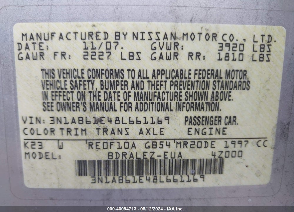 2008 NISSAN SENTRA 2.0S VIN: 3N1AB61E48L661169