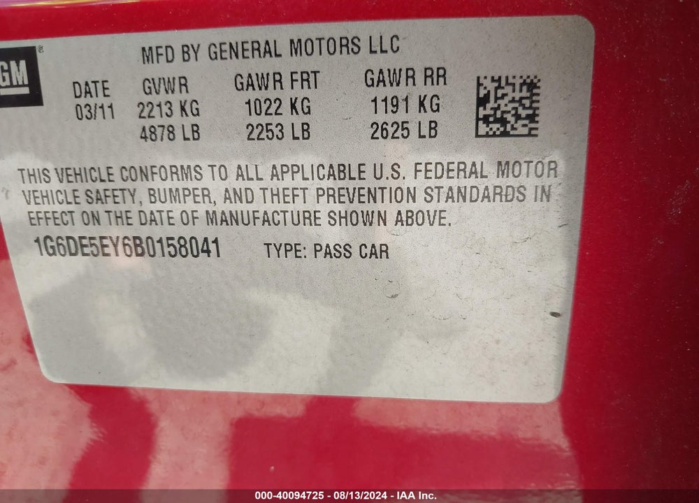 2011 CADILLAC CTS LUXURY VIN: 1G6DE5EY6B0158041