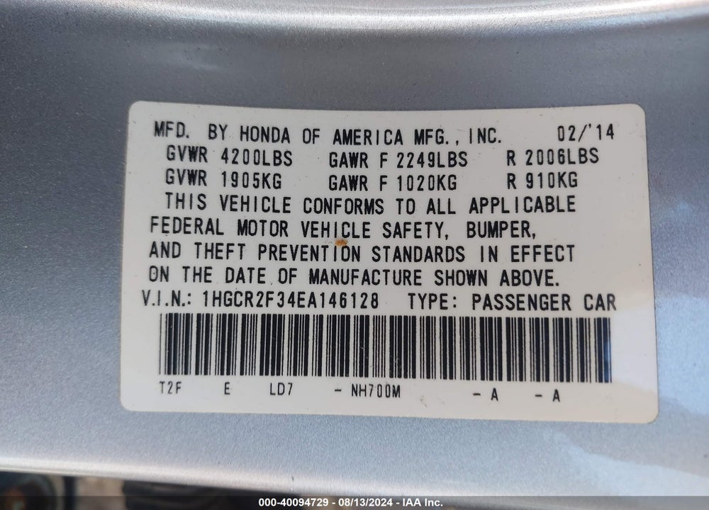2014 HONDA ACCORD LX VIN: 1HGCR2F34EA146128