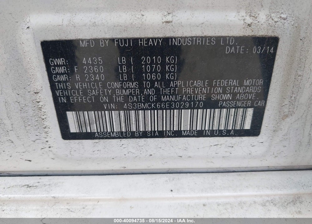 2014 SUBARU LEGACY 2.5I LIMITED VIN: 4S3BMCK66E3029170