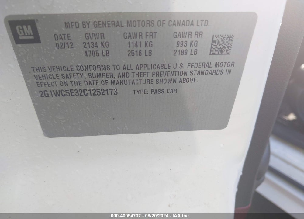 2012 CHEVROLET IMPALA LTZ VIN: 2G1WC5E32C1252173