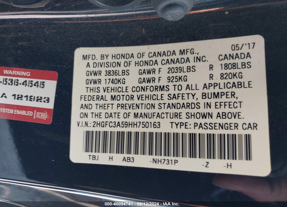 2017 HONDA CIVIC SI VIN: 2HGFC3A59HH750163