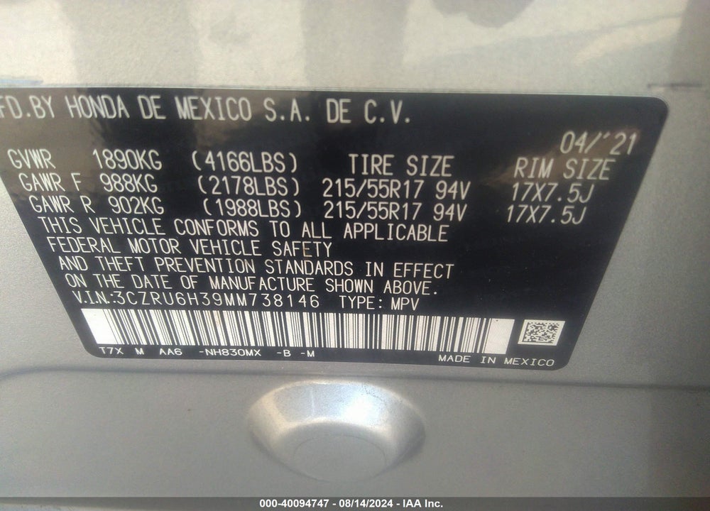 2021 HONDA HR-V VIN: 3CZRU6H39MM738146