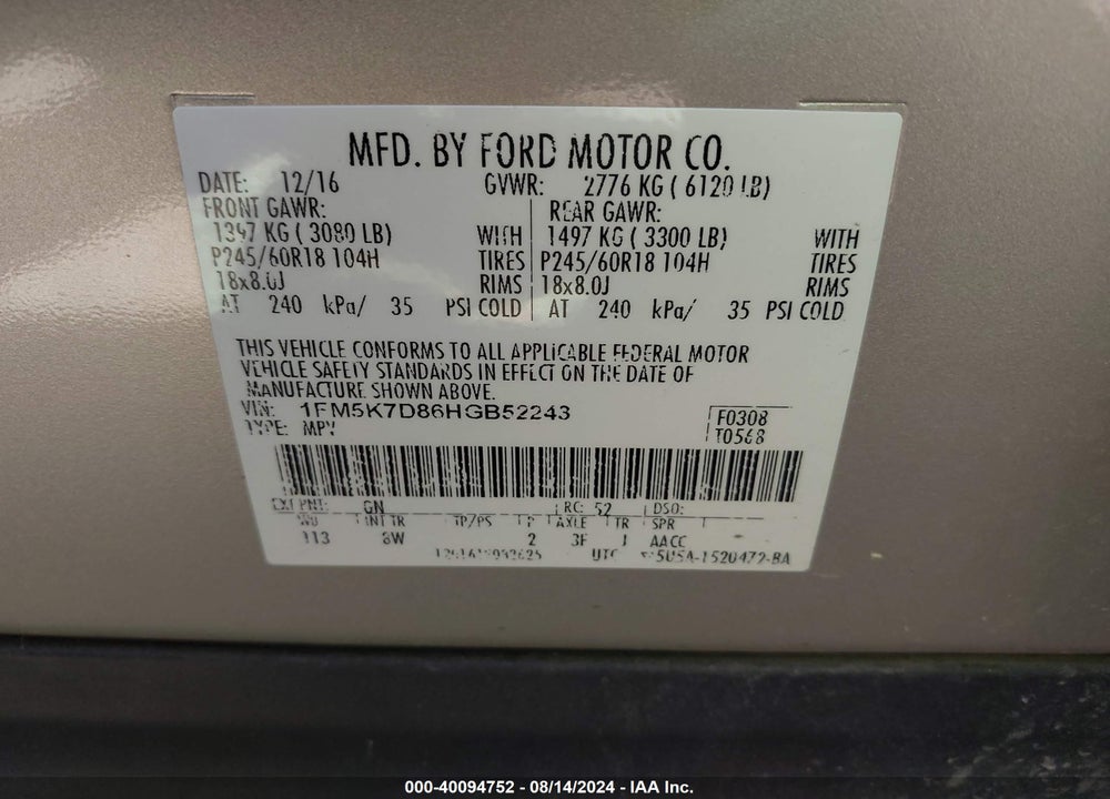 2017 FORD EXPLORER XLT VIN: 1FM5K7D86HGB52243