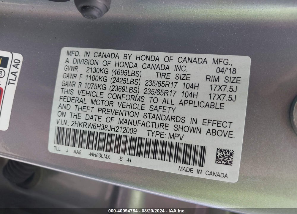 2018 HONDA CR-V LX VIN: 2HKRW6H38JH212009