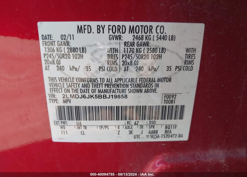 2011 LINCOLN MKX VIN: 2LMDJ6JK5BBJ19858