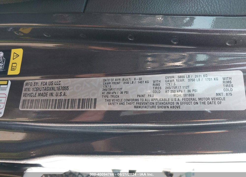 2022 JEEP GLADIATOR SPORT S 4X4 VIN: 1C6HJTAGXNL167055