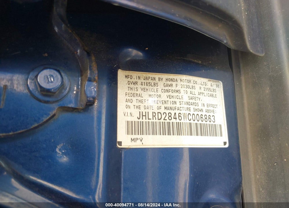 1998 HONDA CR-V LX VIN: JHLRD2846WC006863