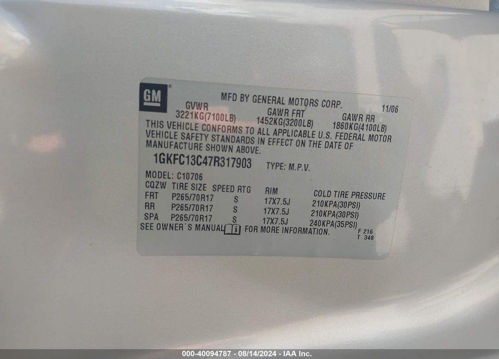 2007 GMC YUKON COMMERCIAL FLEET VIN: 1GKFC13C47R317903