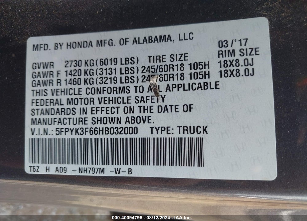 2017 HONDA RIDGELINE RTL-T VIN: 5FPYK3F66HB032000