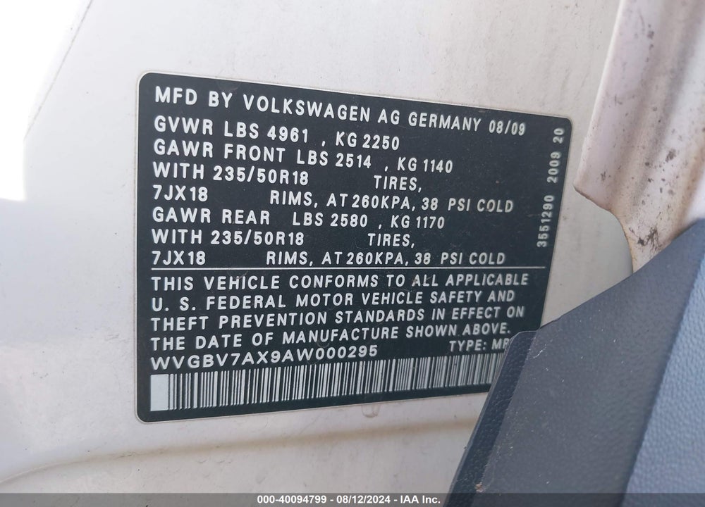 2010 VOLKSWAGEN TIGUAN SE VIN: WVGBV7AX9AW000295