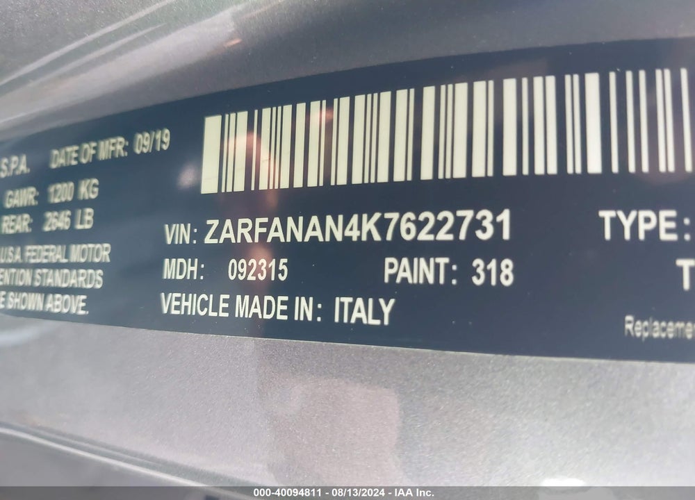 2019 ALFA ROMEO GIULIA AWD VIN: ZARFANAN4K7622731