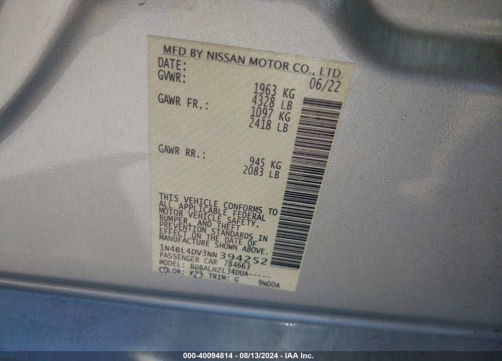 2022 NISSAN ALTIMA SV FWD VIN: 1N4BL4DV3NN394252