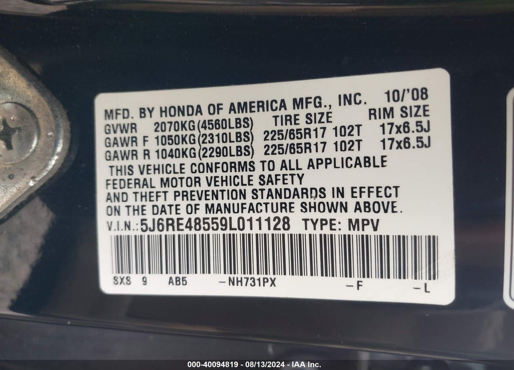 2009 HONDA CR-V EX VIN: 5J6RE48559L011128