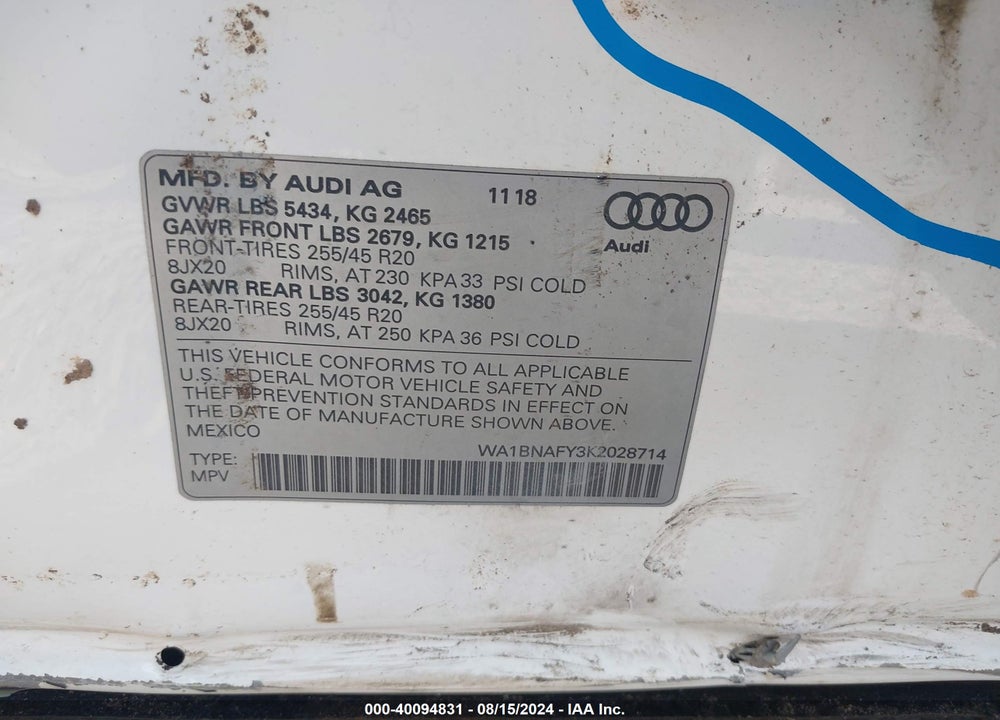 2019 AUDI Q5 45 PREMIUM VIN: WA1BNAFY3K2028714