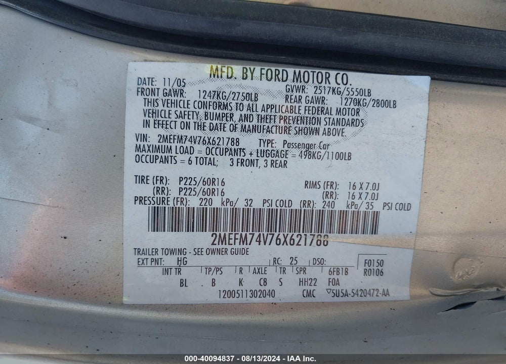 2006 MERCURY GRAND MARQUIS GS VIN: 2MEFM74V76X621788
