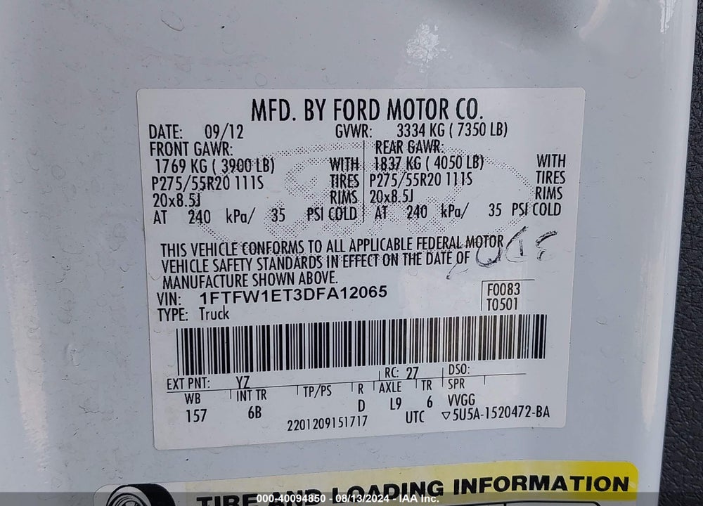 2013 FORD F-150 FX4 VIN: 1FTFW1ET3DFA12065