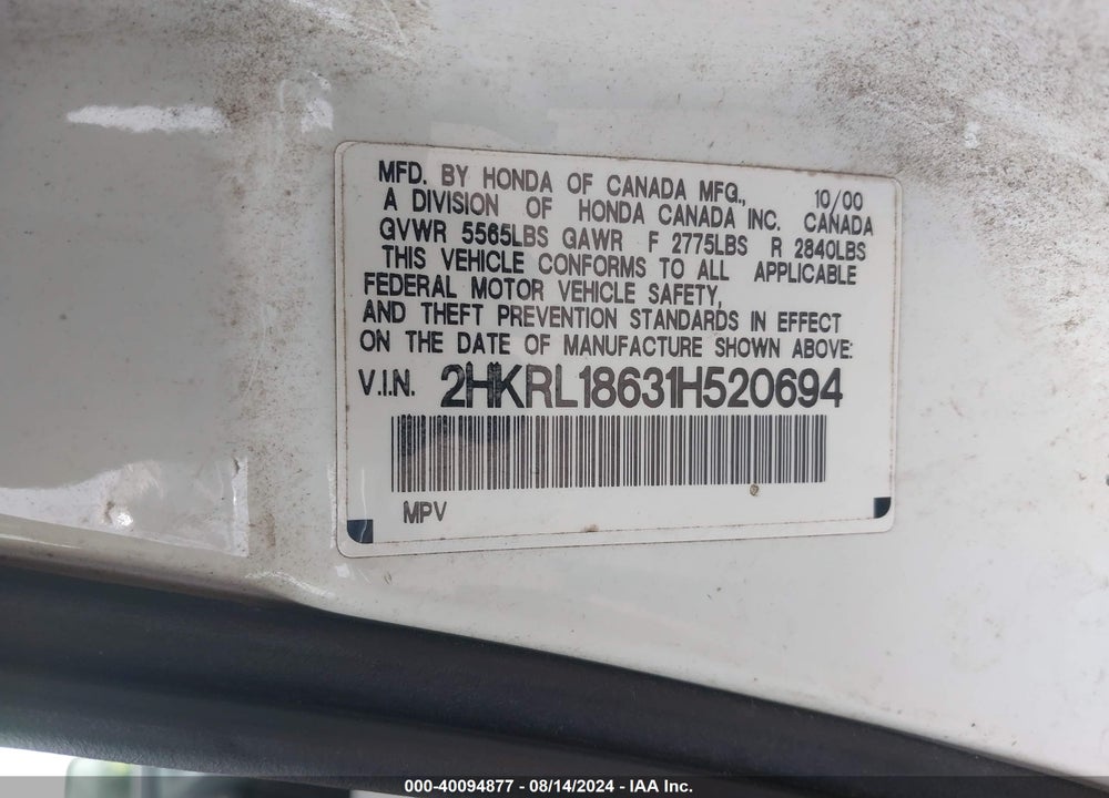2001 HONDA ODYSSEY EX VIN: 2HKRL18631H520694