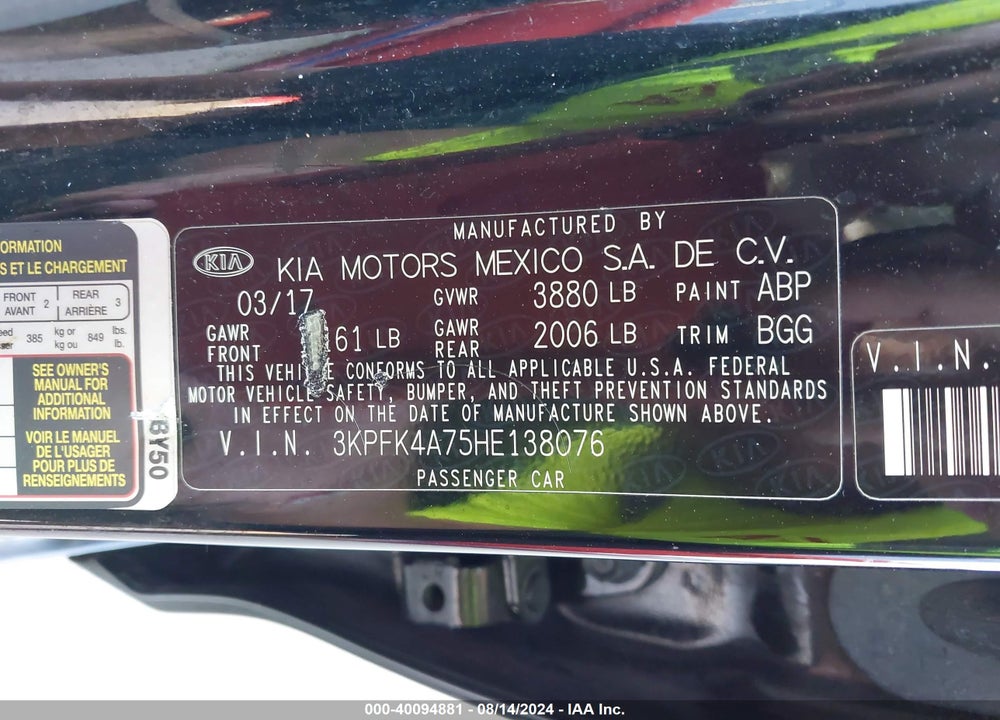 2017 KIA FORTE VIN: 3KPFK4A75HE138076