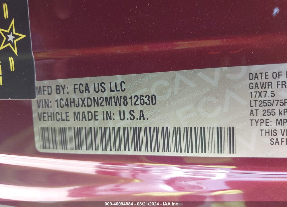 2021 JEEP WRANGLER UNLIMITED WILLYS 4X4 VIN: 1C4HJXDN2MW812630