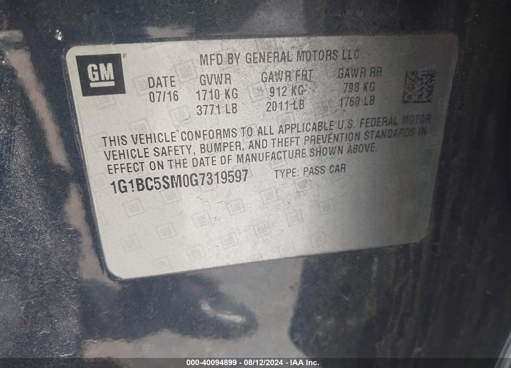 2016 CHEVROLET CRUZE LS AUTO VIN: 1G1BC5SM0G7319597