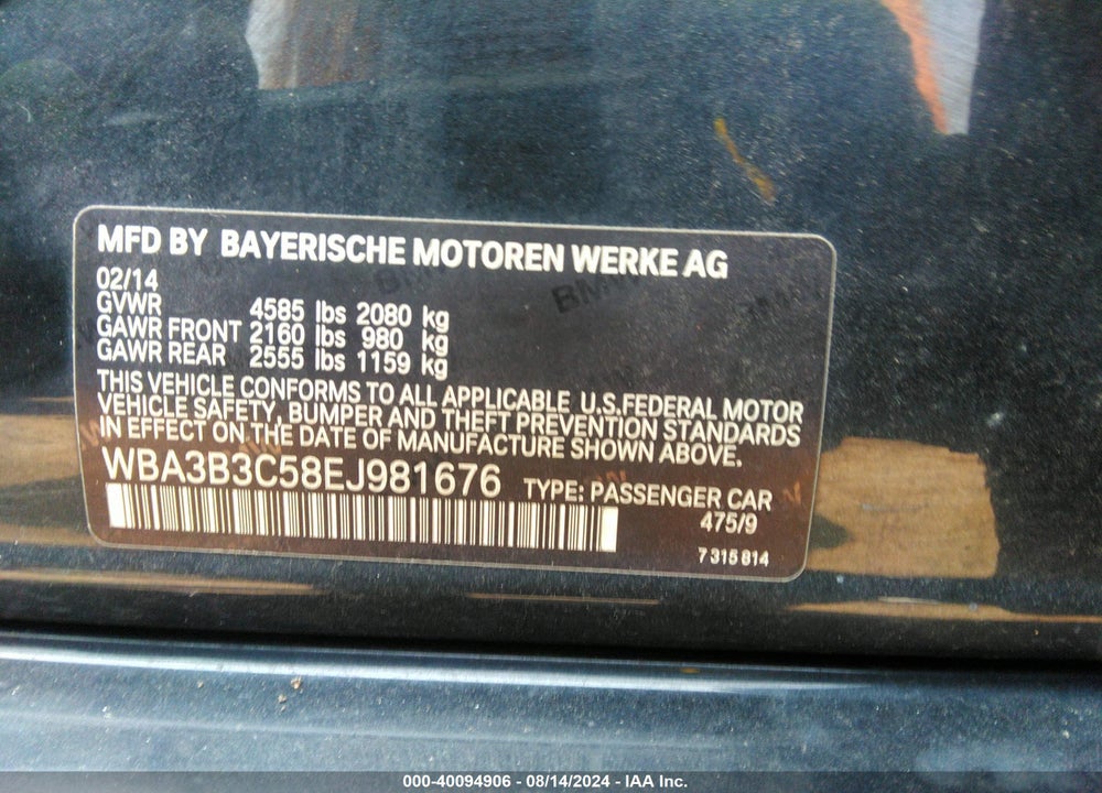 2014 BMW 328I XDRIVE VIN: WBA3B3C58EJ981676