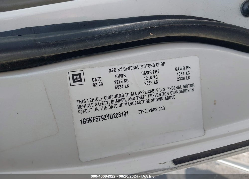 2000 CADILLAC DEVILLE DTS VIN: 1G6KF5792YU253191