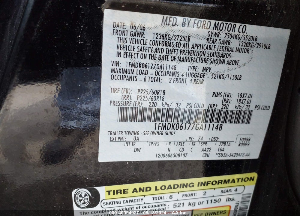 2007 FORD FREESTYLE LIMITED VIN: 1FMDK06177GA11148