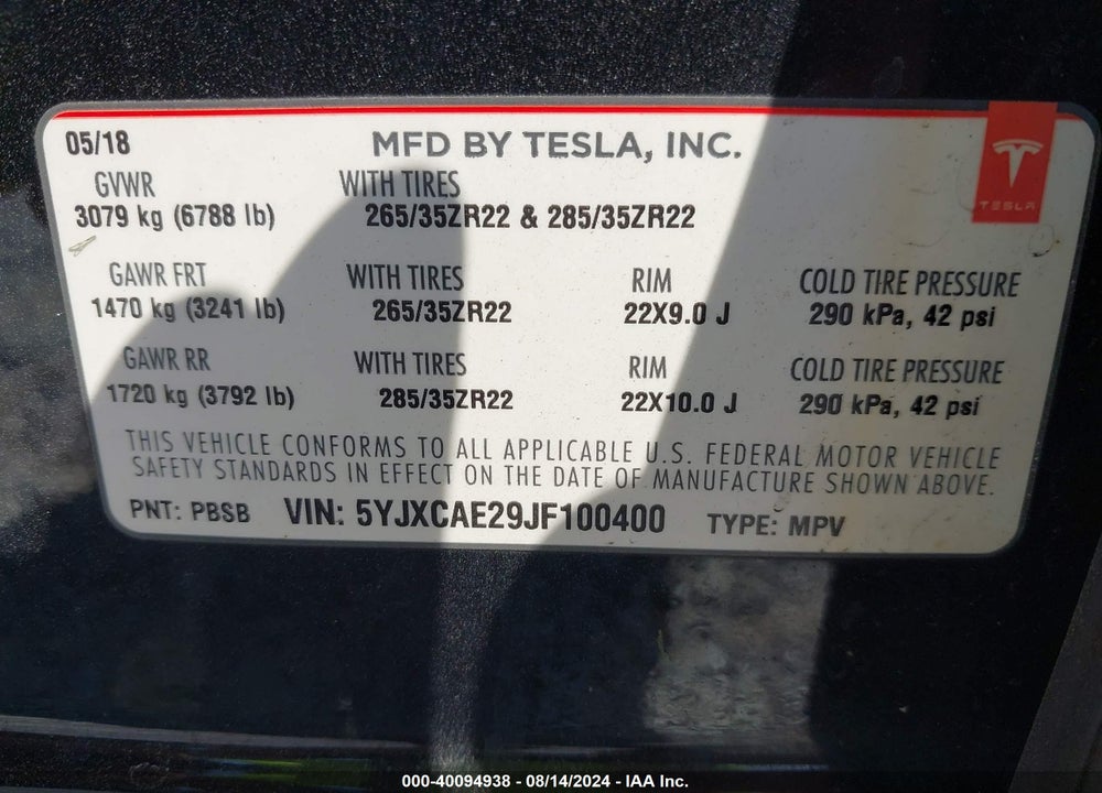 2018 TESLA MODEL X 100D/75D/P100D VIN: 5YJXCAE29JF100400