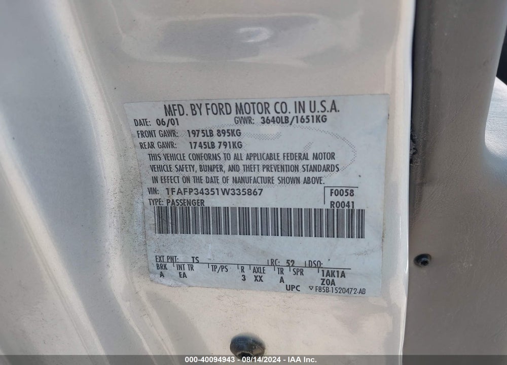 2001 FORD FOCUS SE VIN: 1FAFP34351W335867