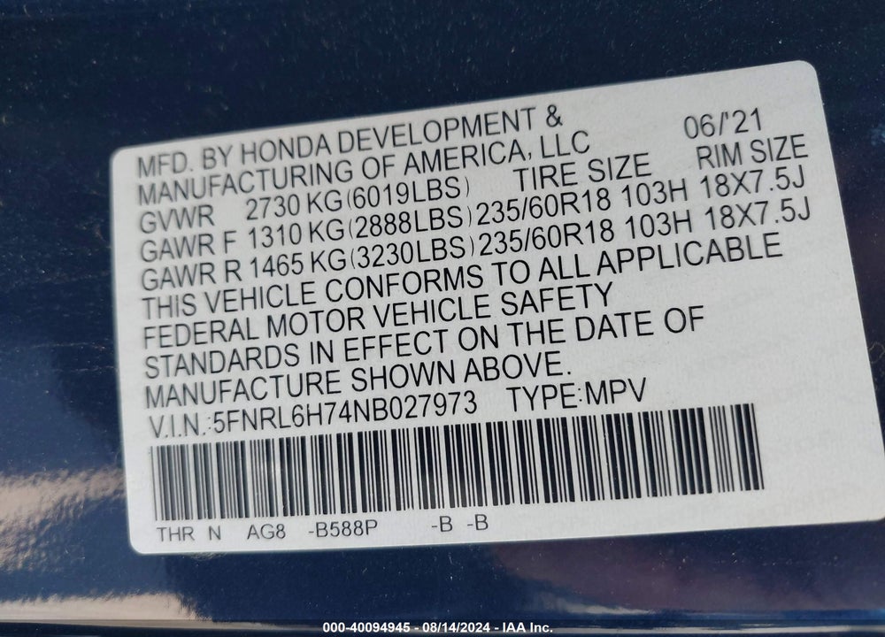 2022 HONDA ODYSSEY EX-L VIN: 5FNRL6H74NB027973