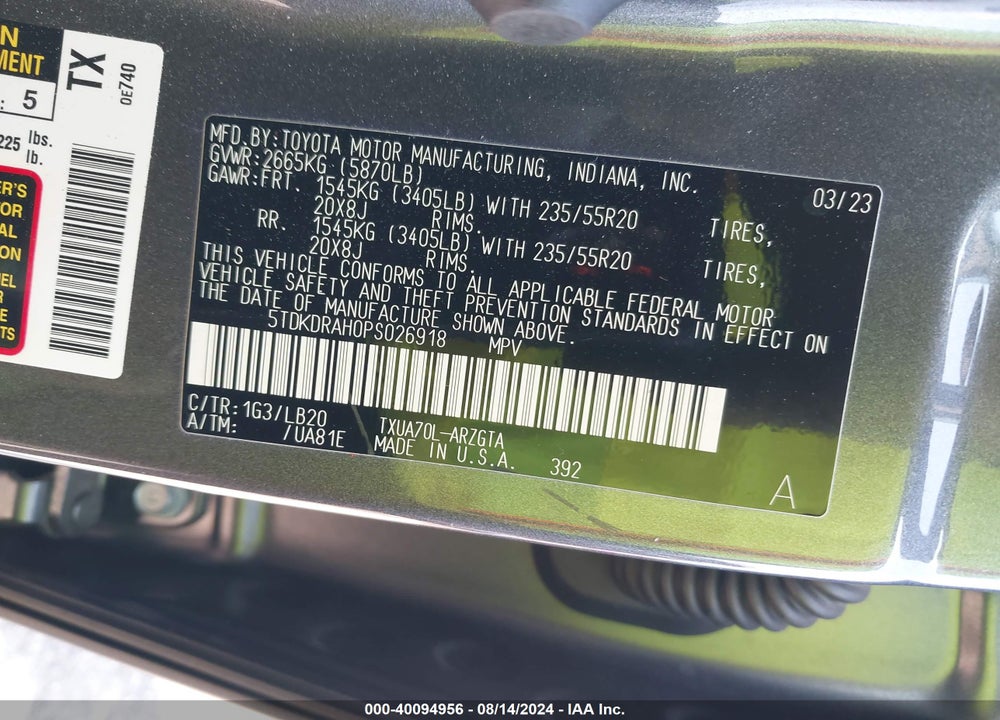 2023 TOYOTA HIGHLANDER LIMITED VIN: 5TDKDRAH0PS026918