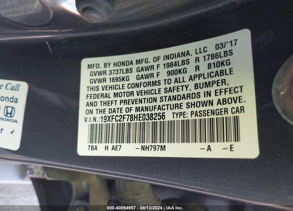 2017 HONDA CIVIC EX VIN: 19XFC2F78HE038256