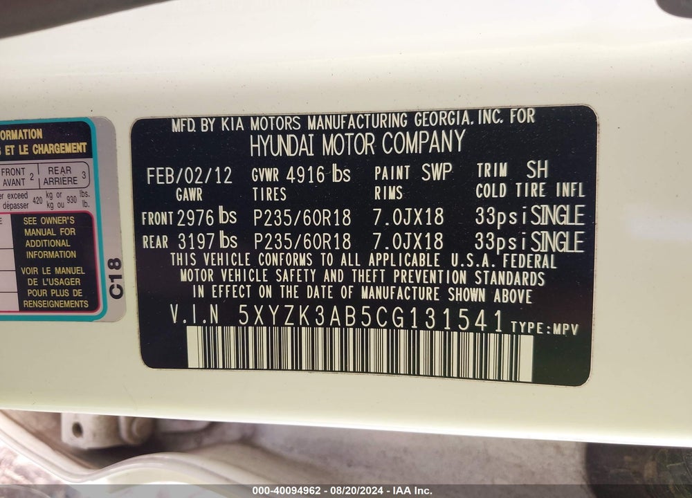 2012 HYUNDAI SANTA FE LIMITED VIN: 5XYZK3AB5CG131541