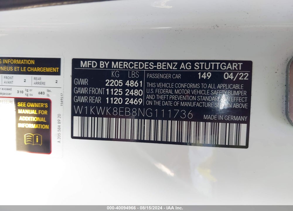 2022 MERCEDES-BENZ C 300 4MATIC CABRIOLET VIN: W1KWK8EB8NG111736
