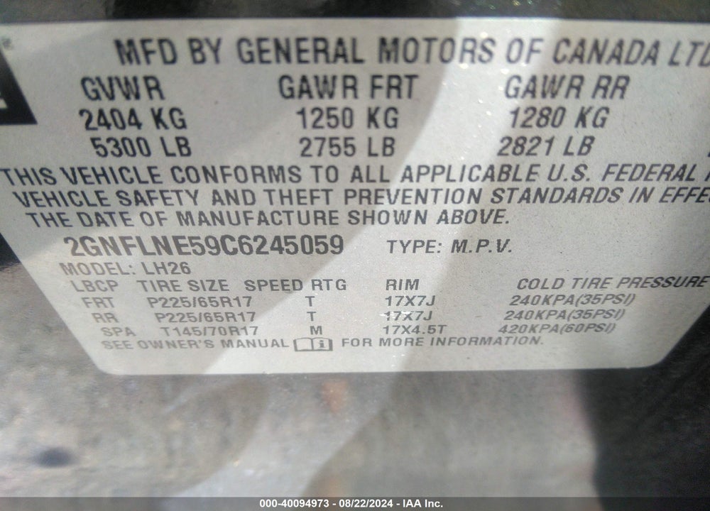 2012 CHEVROLET EQUINOX 2LT VIN: 2GNFLNE59C6245059