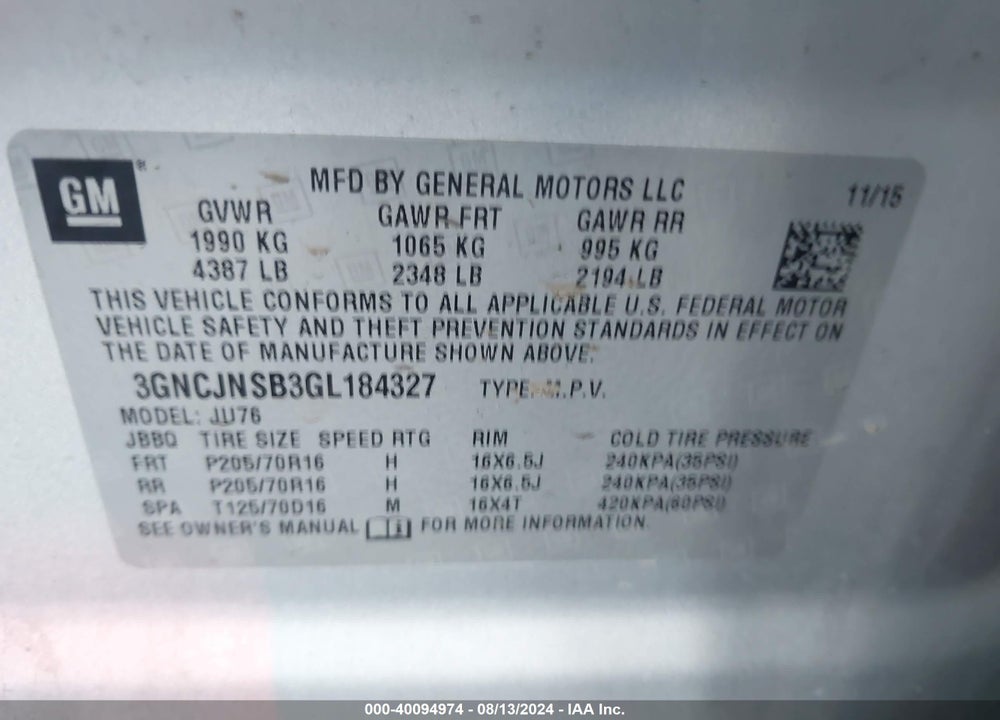 2016 CHEVROLET TRAX 1LS VIN: 3GNCJNSB3GL184327