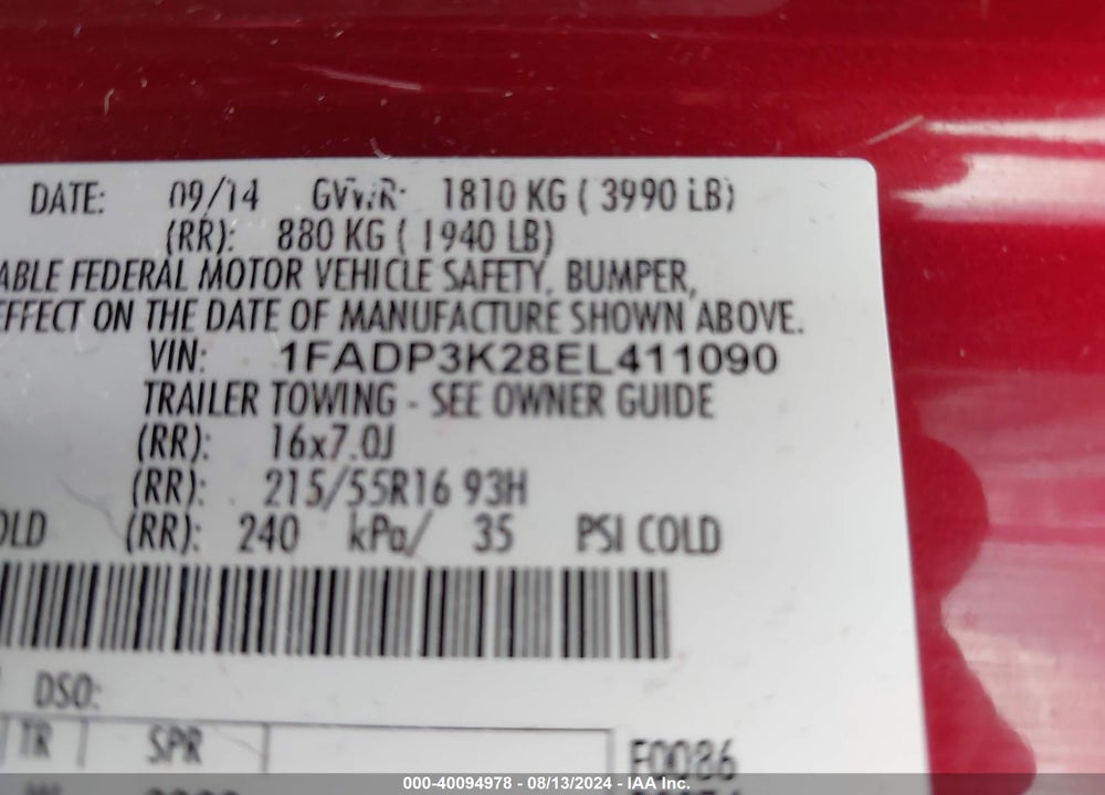 2014 FORD FOCUS VIN: 1FADP3K28EL411090