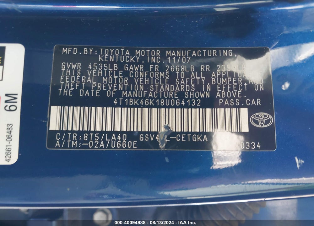 2008 TOYOTA CAMRY XLE V6 VIN: 4T1BK46K18U064132