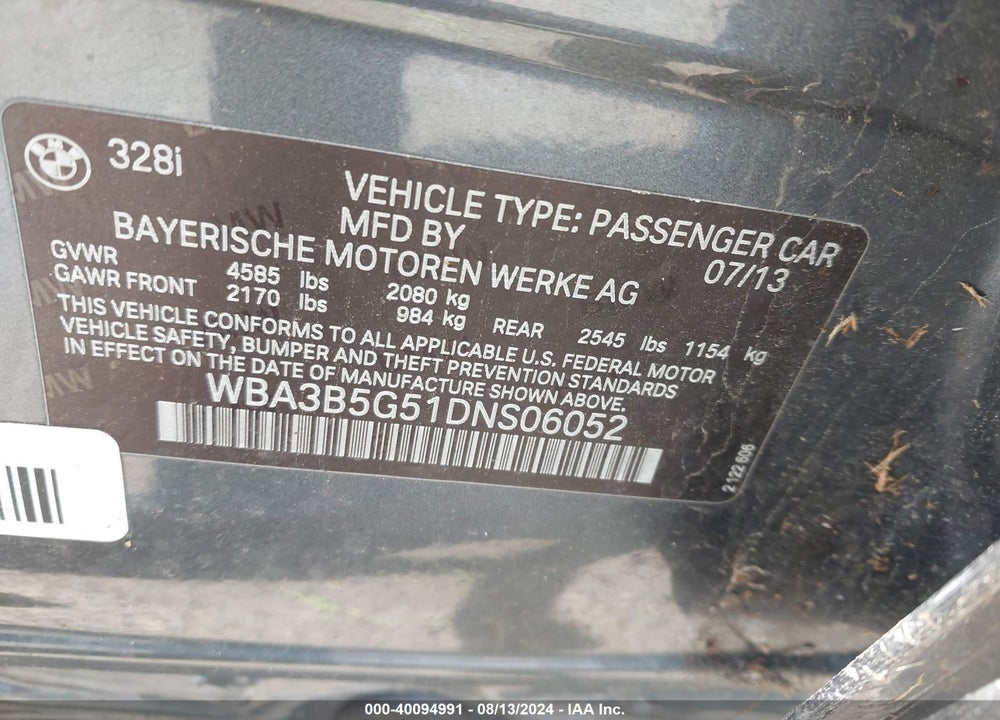 2013 BMW 328I VIN: WBA3B5G51DNS06052