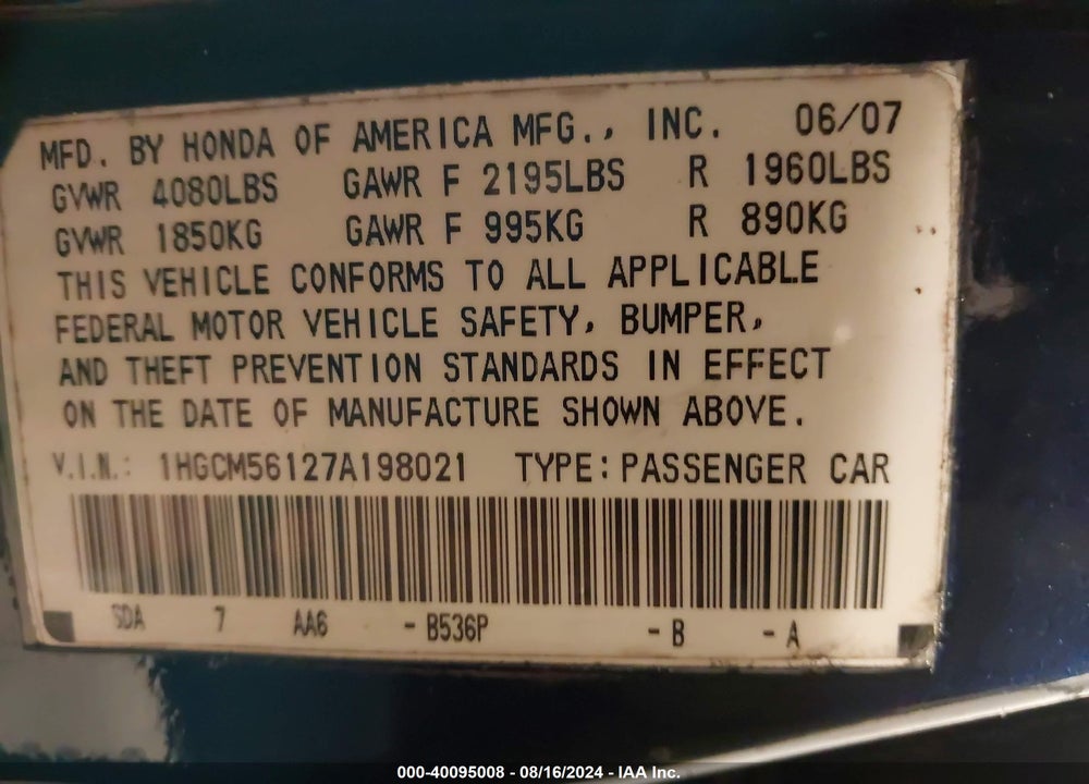 2007 HONDA ACCORD VIN: 1HGCM56127A198021
