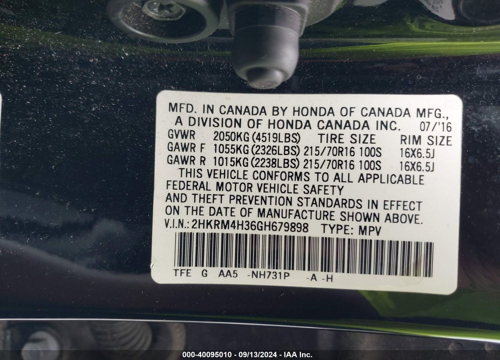2016 HONDA CR-V LX VIN: 2HKRM4H36GH679898