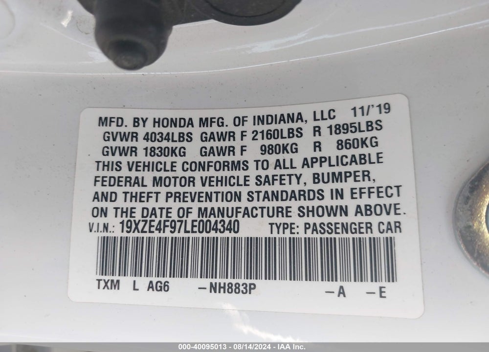 2020 HONDA INSIGHT TOURING VIN: 19XZE4F97LE004340