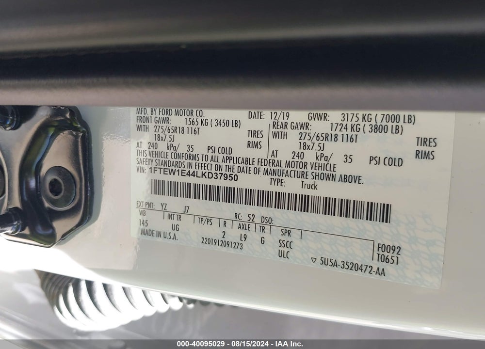 2020 FORD F-150 XLT VIN: 1FTEW1E44LKD37950