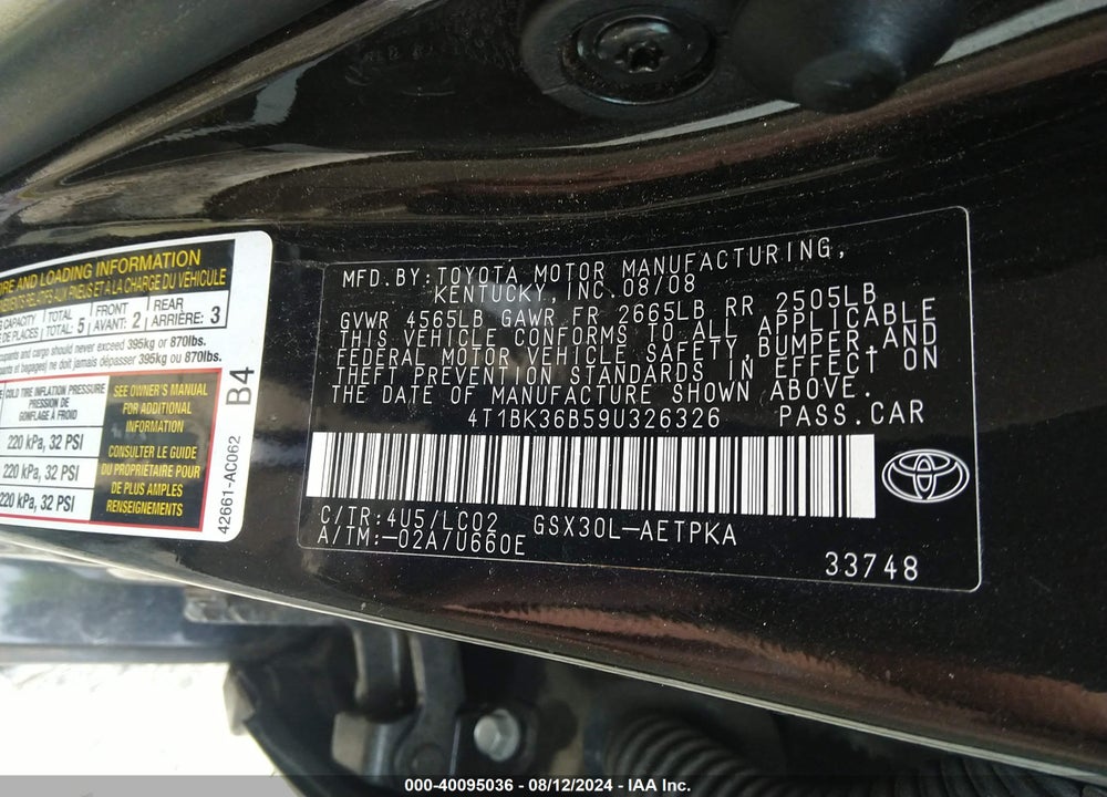2009 TOYOTA AVALON LIMITED VIN: 4T1BK36B59U326326