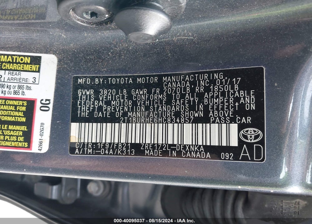 2017 TOYOTA COROLLA LE VIN: 2T1BURHE6HC834857