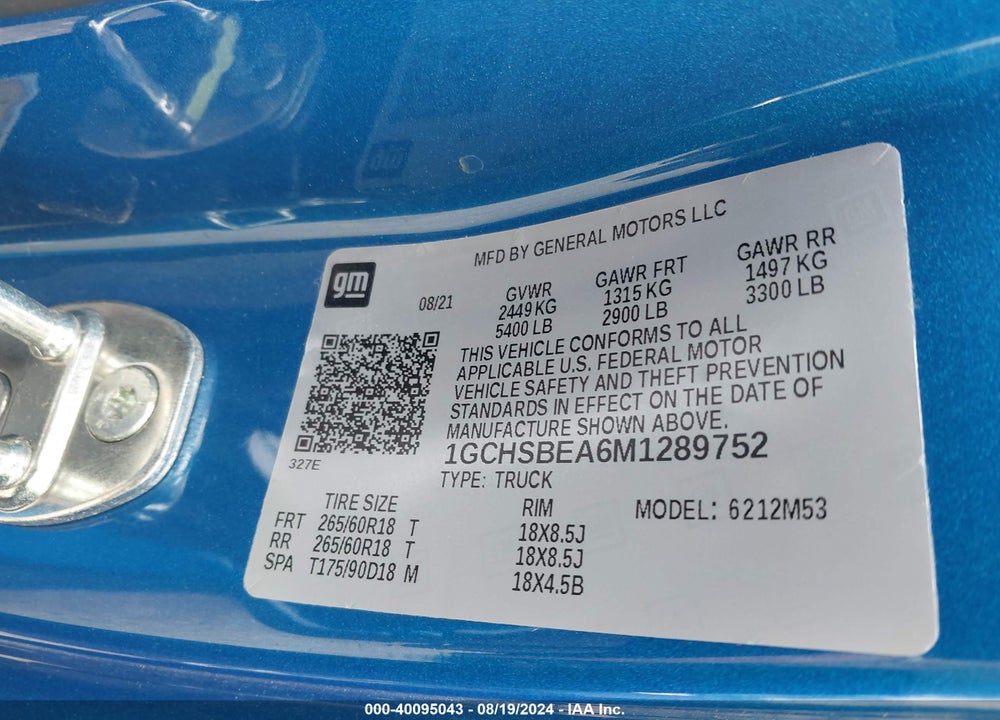 2021 CHEVROLET COLORADO 2WD LONG BOX WT VIN: 1GCHSBEA6M1289752