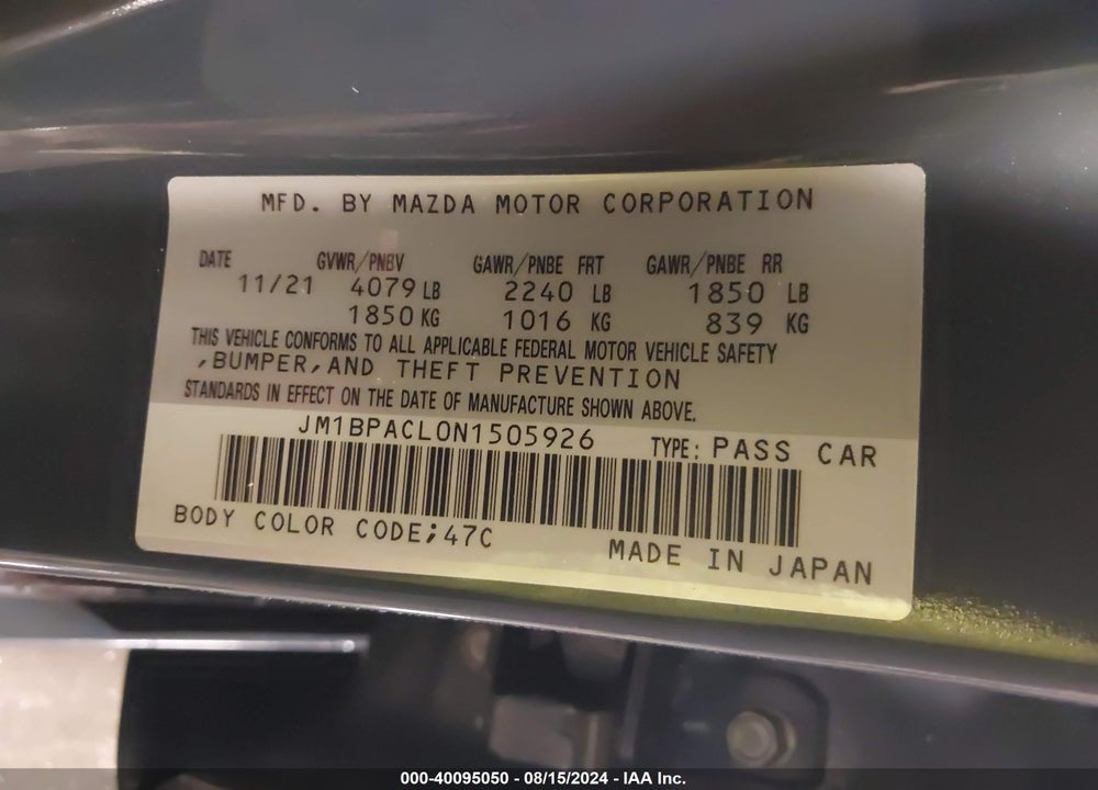 2022 MAZDA 3 CARBON EDITION VIN: JM1BPACL0N1505926