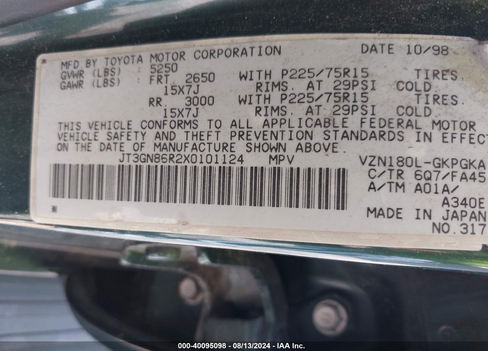 1999 TOYOTA 4RUNNER SR5 V6 VIN: JT3GN86R2X0101124