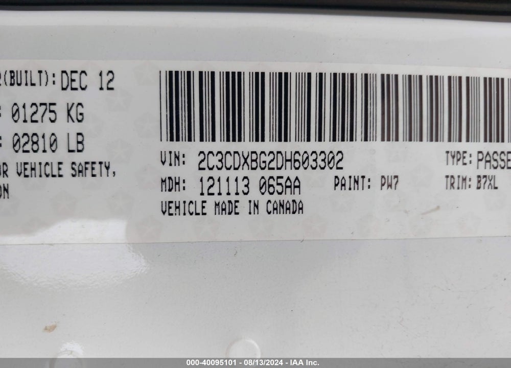 2013 DODGE CHARGER SE VIN: 2C3CDXBG2DH603302